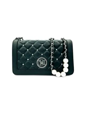 Badgley Mischka Quilted Faux Leather and Faux Pearl Shoulder Bag ,  black