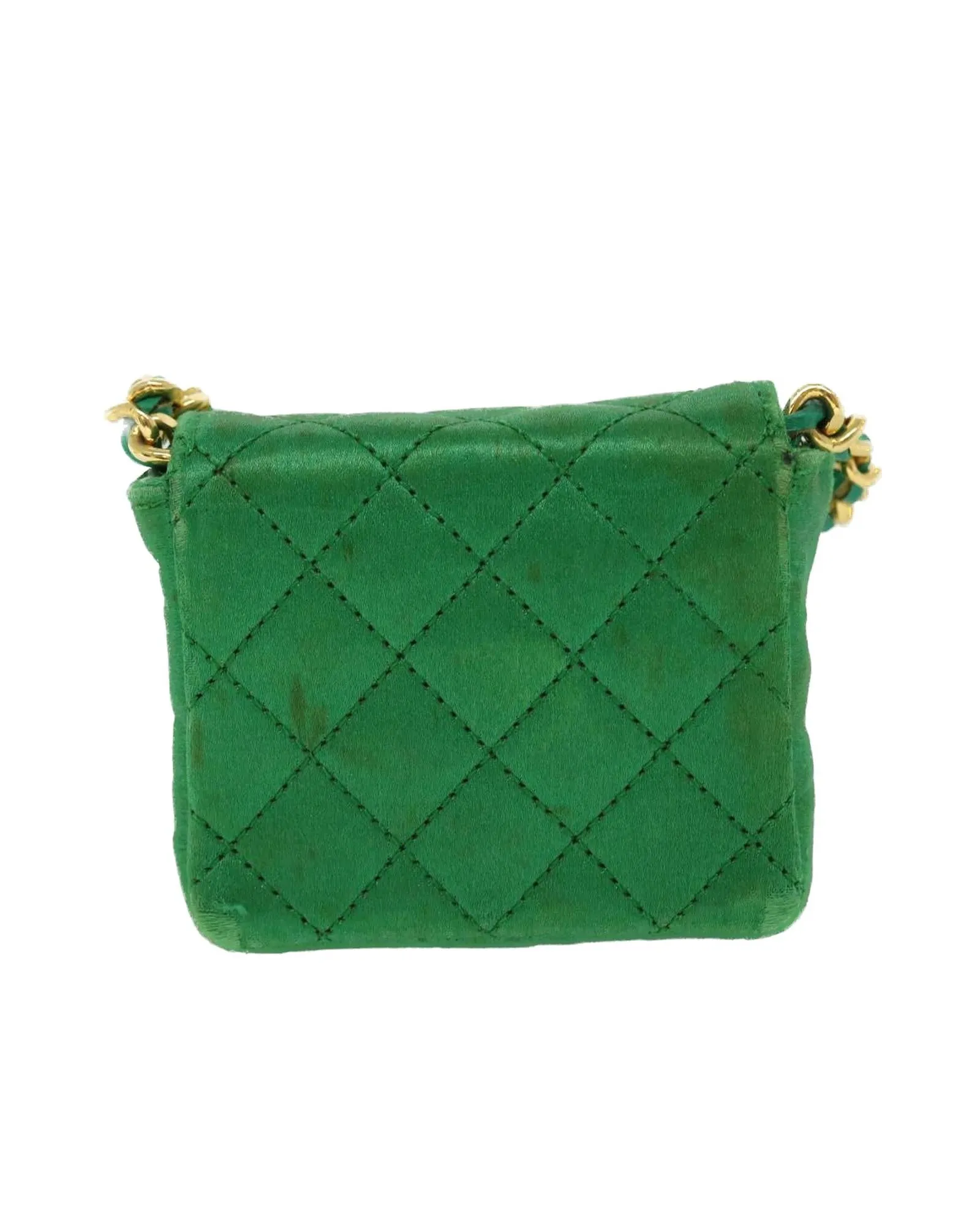 Green Satin Matelasse Shoulder Bag with Gold Chain