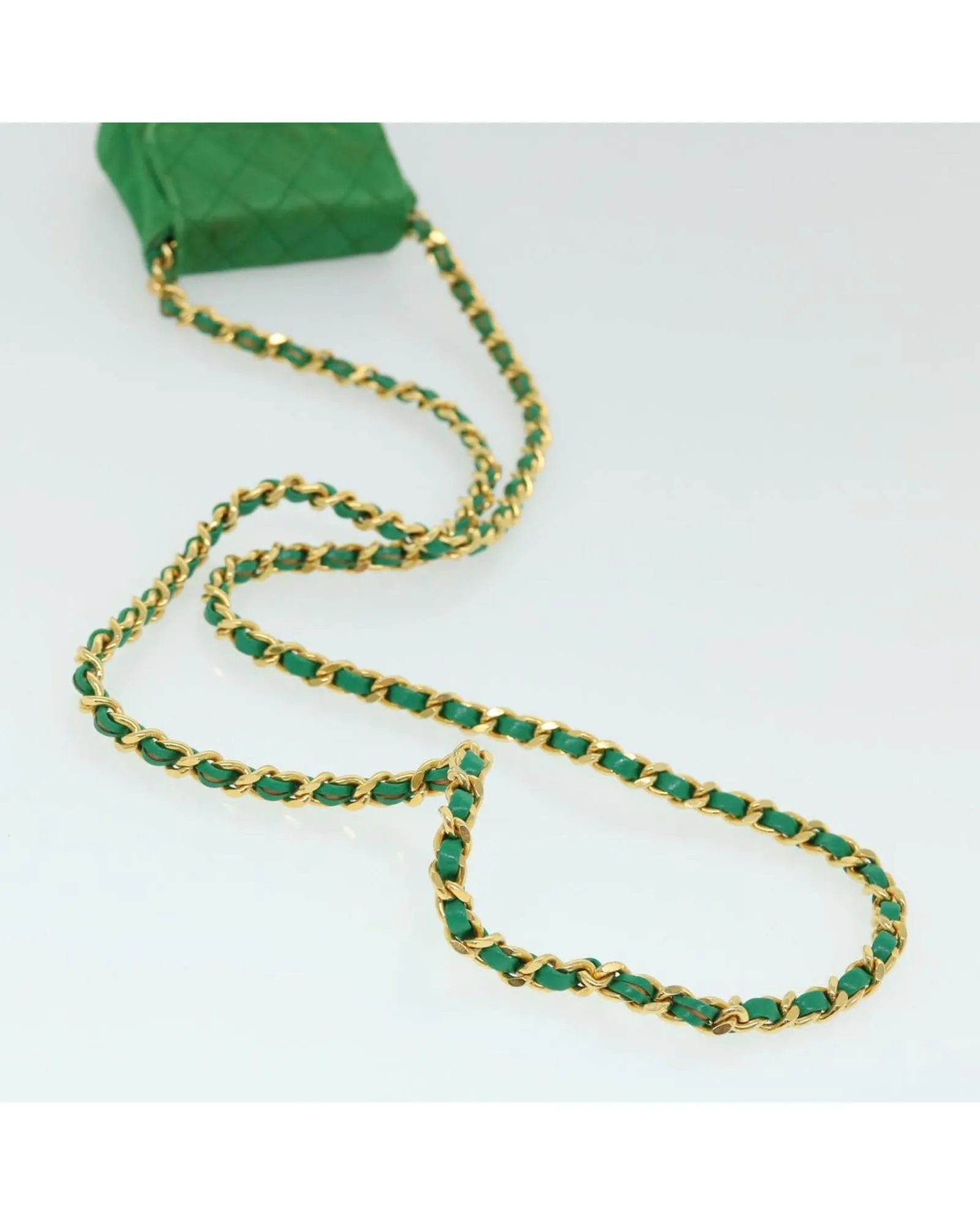 Green Satin Matelasse Shoulder Bag with Gold Chain