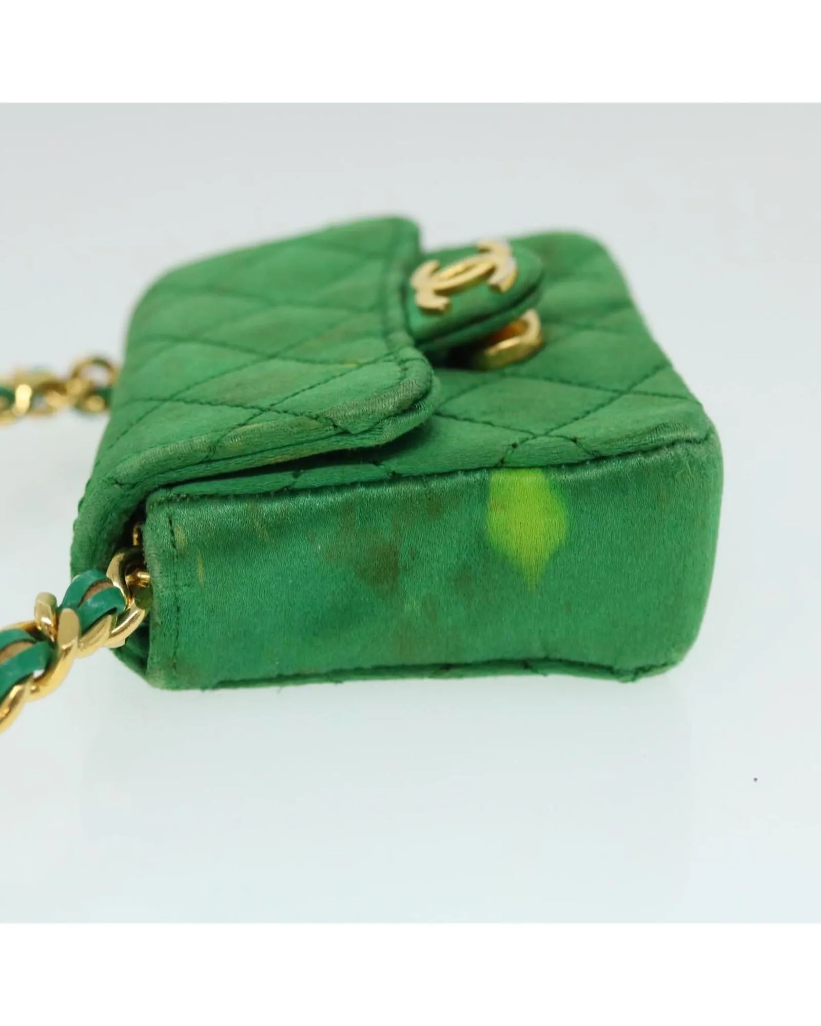 Green Satin Matelasse Shoulder Bag with Gold Chain