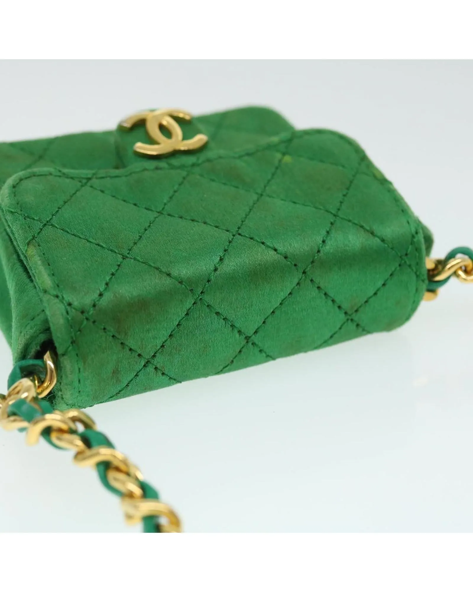 Green Satin Matelasse Shoulder Bag with Gold Chain