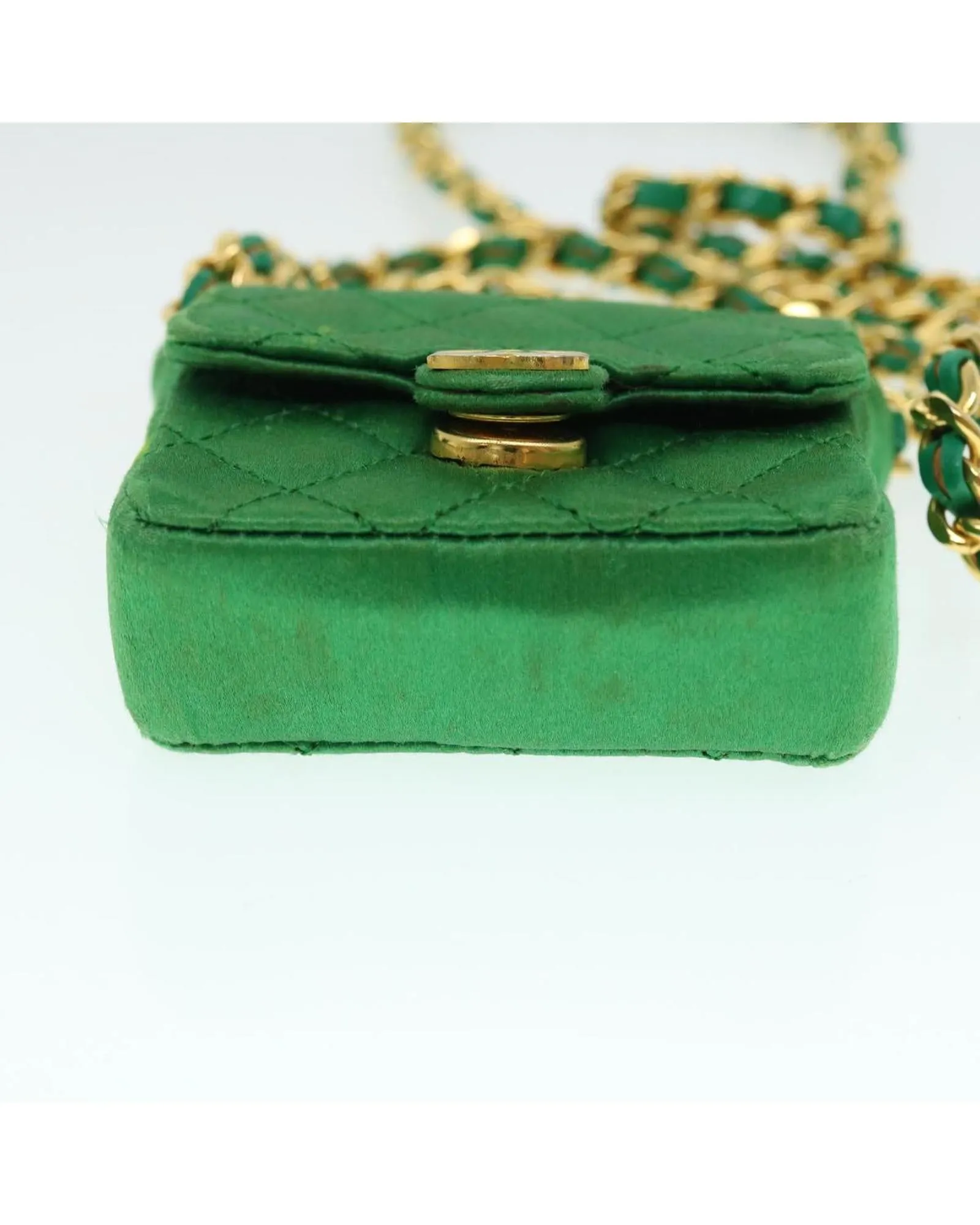 Green Satin Matelasse Shoulder Bag with Gold Chain