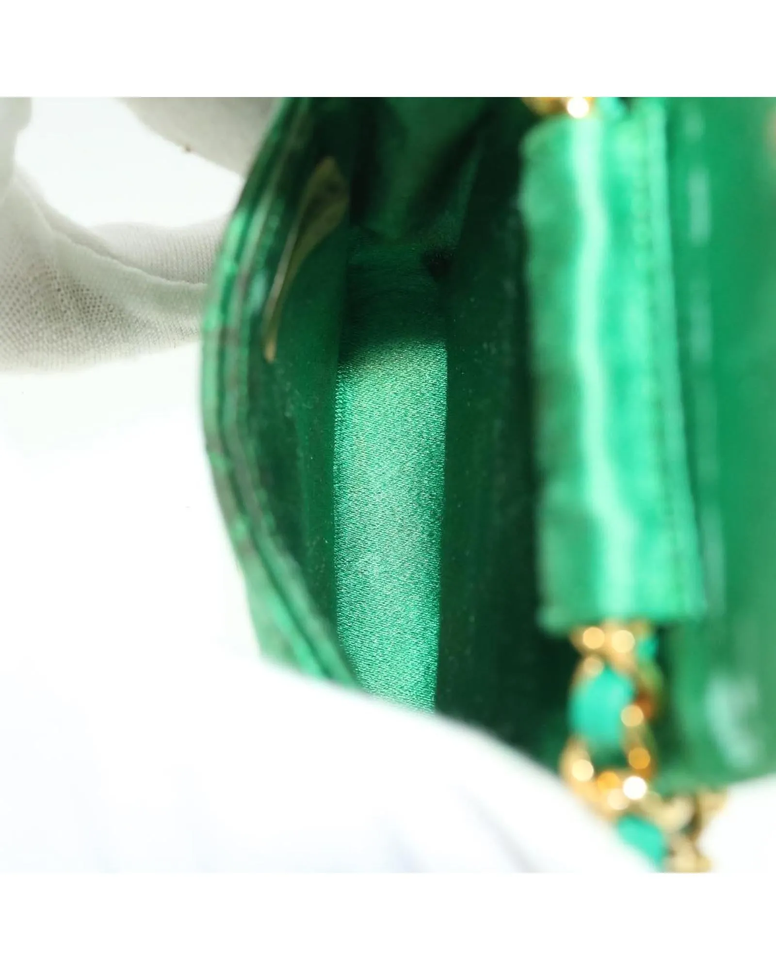 Green Satin Matelasse Shoulder Bag with Gold Chain