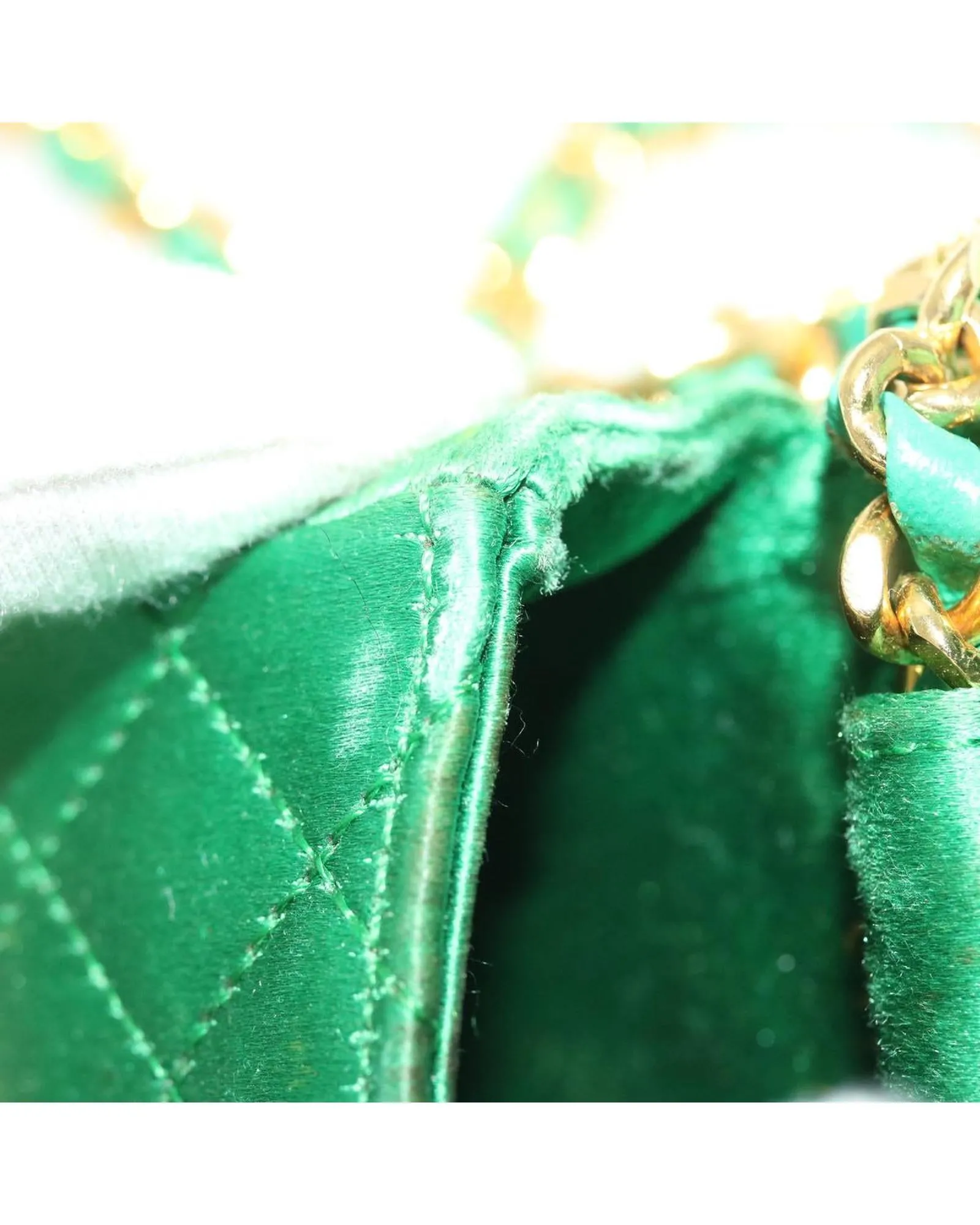 Green Satin Matelasse Shoulder Bag with Gold Chain