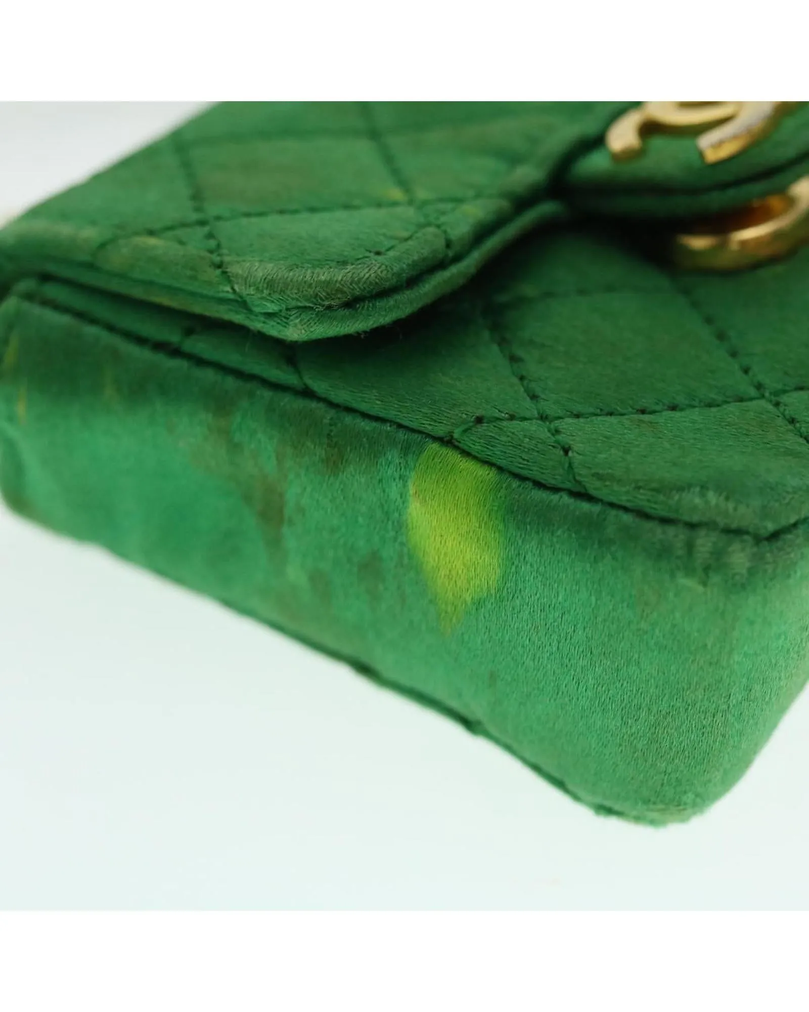 Green Satin Matelasse Shoulder Bag with Gold Chain