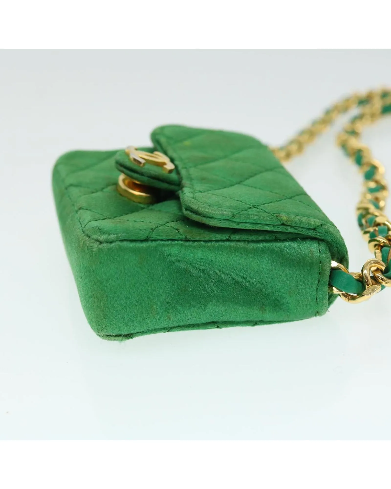 Green Satin Matelasse Shoulder Bag with Gold Chain