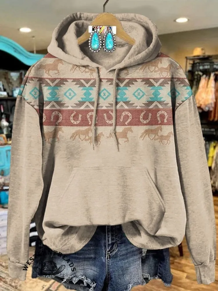 🔥Limited Time Discount🔥Vintage Aztec Horse Art Print Casual Hoodie Sweatshirt